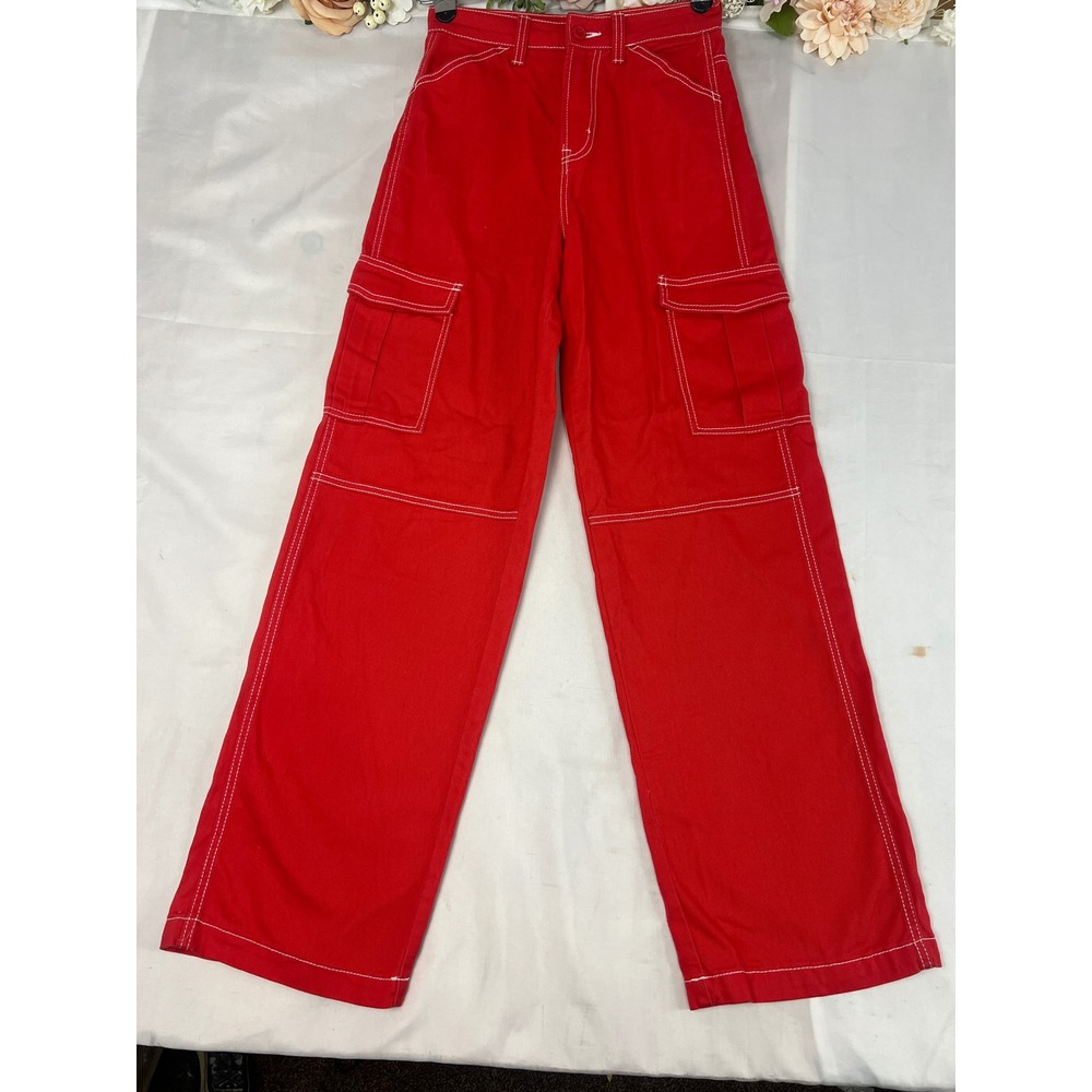 Red High Waisted Cargo Pants with‎ White Contrast Stitching Wide Leg Utility